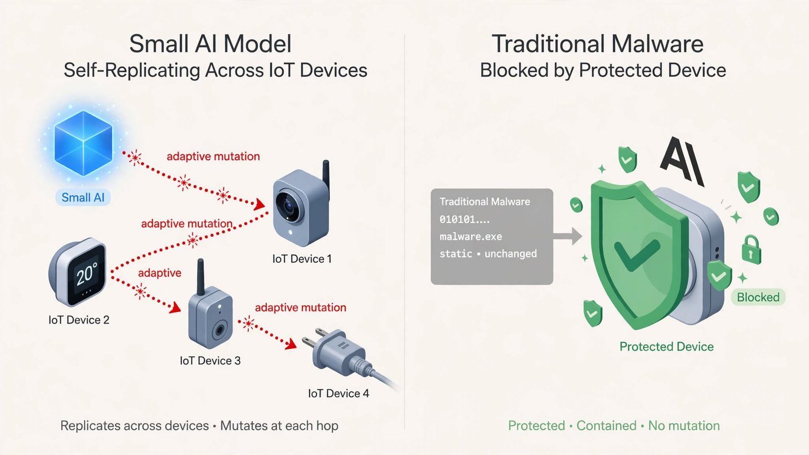 Anthropic IoT malware warning diagram showing small AI model adaptive mutation across IoT devices