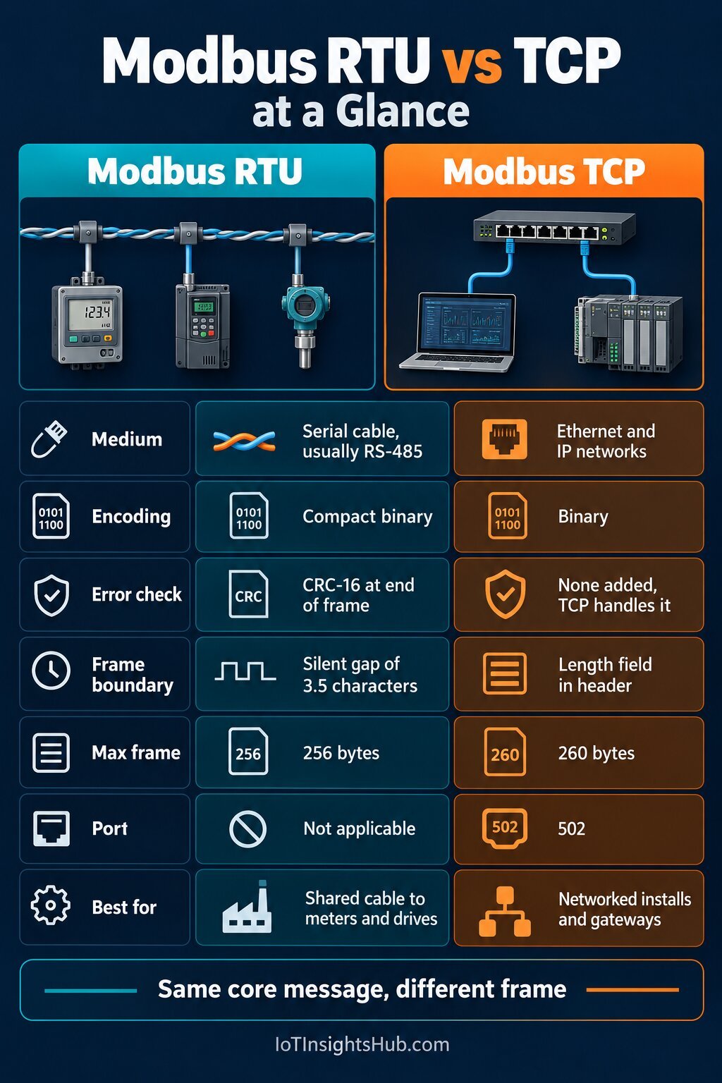 Modbus RTU vs TCP at a glance infographic from IoT Insights Hub comparing medium, error check, frame timing, port and use