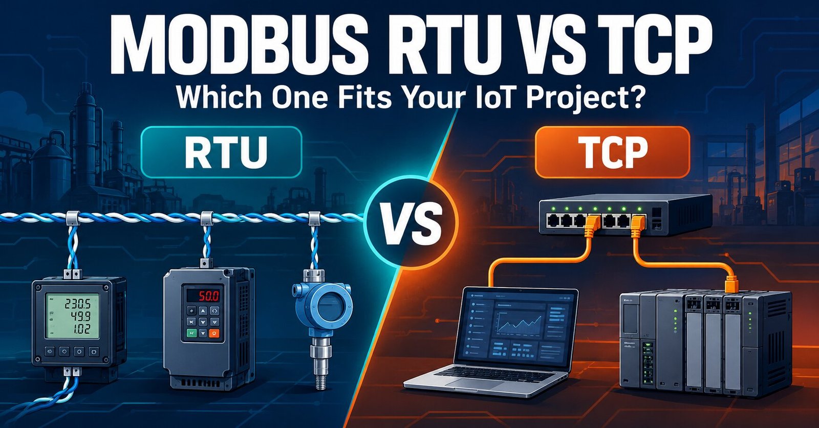 Modbus RTU vs TCP comparison guide cover image from IoT Insights Hub