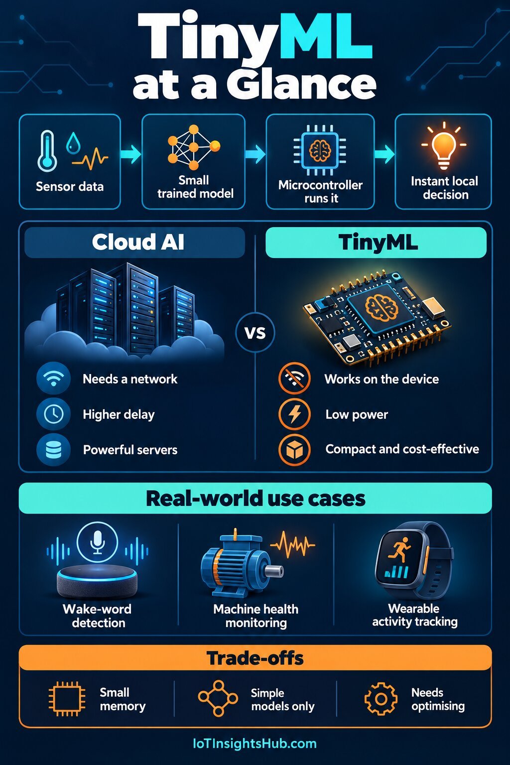 TinyML at a glance infographic from IoT Insights Hub showing sensor data to a small trained model to a microcontroller decision, cloud AI versus TinyML, and trade-offs