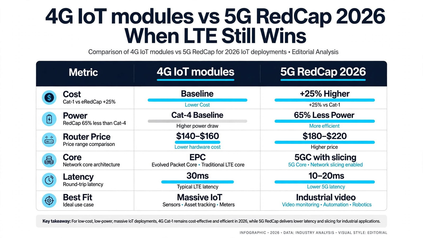 4G IoT modules vs 5G RedCap comparison table showing cost power and latency
