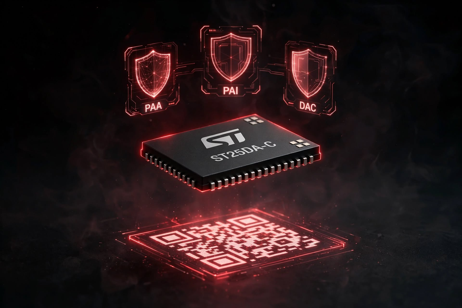 ST MatterConnect Matter provisioning service chip with PAA PAI DAC shields and Matter QR code