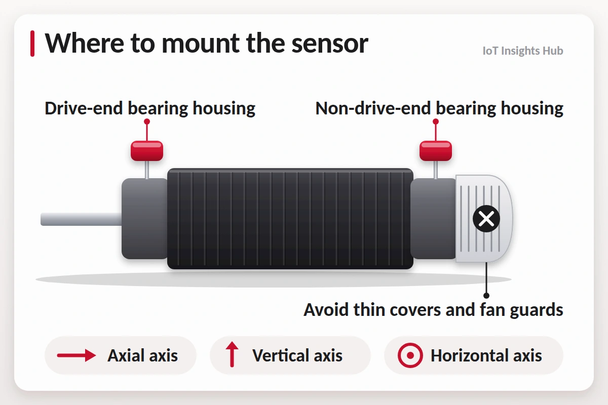 vibration sensor predictive maintenance infographic comparing 5 sensor types and mount locations